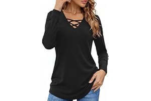 Totatuit T-Shirt à Manches Longues Femme Col V Chic élégant Lâche Haut Décontracté Tee Shirt Couleur Unie Tunique Basic Top