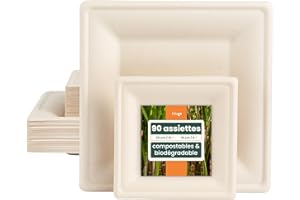 HAAGO 90 Assiettes Compostables en Canne à Sucre, 45 × 26 cm & 45 × 15 cm Carrées – Assiettes en Carton Rigide, Anti-Graisse & Anti-Fuites – Biodégradables & Jetables pour Plats Chauds & Froids