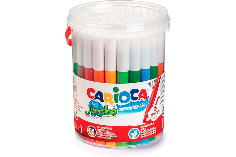 Carioca Jumbo | Pennarelli Lavabili per Bambini in Barattolo con Maniglia, Set Pennarelli Punta Grossa, 50 Colori