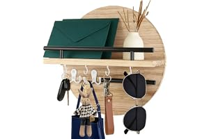 LUPATDY Nyckelbräda med hylla, rund nyckelbräda trä vintage, nyckellåda med 6 nyckelkrokar, nyckelhållare för vardagsrum, kök