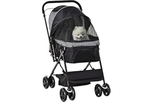 PawHut Dog Stroller, Pet Stroller, Foldable Dog Cat Travel Pushchair with Reversible Handle, EVA Wheels, Brake, Basket, Adjustable Canopy, Safety Leash, for Small Dogs, Black