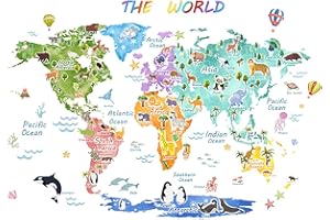 Hianjoo Animal World Map Wall Sitckers, Large Size Colorful Educational World Map Wall Decals for Kids Girls Nursery Bedroom Living Room Classroom Learning Wall Decal