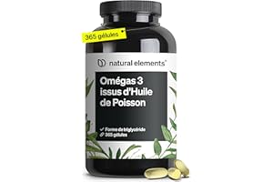 NATURAL ELEMENTS Omega 3 huile de poisson sauvages 2000mg – 365 oméga 3 gélules hautement dosées – huile à haute concentration en EPA 360mg & DHA 240mg – transformés et purifiés, issus de la pêche durable