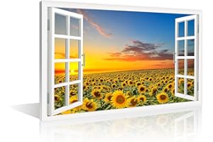 TISHIRON Wall Decorations Sunflower 3D Window View for Living Room Painting Pictures Print On Canvas Wall Art Wooden Frame Ready to Hang (24X16in)