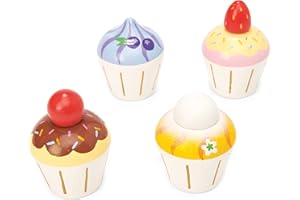 Le Toy Van - TV331 - Juego Educativo Pretend Cupcakes, Juguete para Niños, 2 Años, Set de 4 Muffins con Caja de Regalo, Juego Montessori, Madera Natural FSC y Colores al Agua