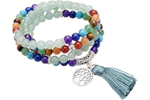CrystalTears Mala Kette 108 Perlen Wickelarmband Chakra Steine Mala Armband mit Lebensbaum Anhänger 6mm Perlen Buddhismus Gebetskette Healing Reiki Halskette