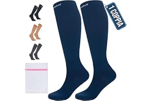 360 Relief Calze Compressione Graduata Donna e Uomo - 1 Coppia Solido Colore Gambaletti Compressione Graduata per Sports, Running, Viaggio, Ciclismo, Lavoro - L/XL Blu con Borsa Lavanderia