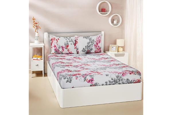 Amazon Brand - Solimo King Size Fitted Bedsheet with 2 Pillow Cases 180 TC 100% Cotton Washing Machine Washable Fits Up to 7 Inch Mattress 78 X 72 Inches Floral Design (Pink)