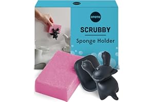 OTOTO Scrubby - Porta spugna per lavello da cucina, motivo: gatto grigio, lavabile in lavastoviglie, antiruggine, 9,9 x 7,9 x 9,9 cm