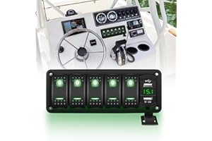 Chelhead 5 Gang Boat Switch Panel Dual USB Charger Green LED Backlit Pre-Wired Aluminum Rocker Switch Panel with Voltmeter Luminous Labels Compatible with Off-Road RV Trailer Truck SUV