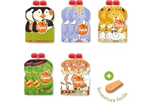 SQUIZ - FABRICATION SUISSE - Lot de 10 Gourdes Rechargeables et Réutilisables 130ml Sans BPA - Pour Compotes, Purées et Smoothies - Pour Bébé et Enfant - Collection CARNAVAL -ENTREPRISE FRANÇAISE