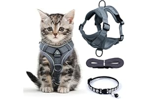 FINEASY Cat Harness and Lead Set for Walking with Cat Collars, Adjustable Kitten Harness Escape Proof with Reflective Strip, Cat Vest Harnesses for Pet Kitten Dog Rabbit (Grey, S)