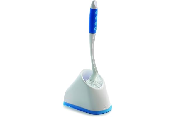 Cello Kleeno Angular Toilet Brush with Holder Pack of 1, Blue & White Flexible Bristles & Rubberised Firm Grip Plastic Sturdy Handle Toilet Cleaning Brush for Western & Indian Toilet Bathroom Brush
