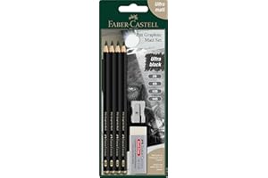 Faber-Castell 115298 Pitt Crayons Graphite Monochrome, Set de 4 crayons grades 2B, 6B, 10B, 14B, Ultra mat, Minime réflexion, Gomme et taille-crayon inclus, Pour dessiner, esquisser, ombrer