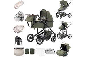 Zkiprm 3-in-1Kinderwagen, Reisesystem mit Autositz, Verstellbarer Lenker & Alu-Rahmen, PU-Großräder mit Federung, Höhenverstellbar & Rückwärtsfahrbar Regenschutz, Moskitonetz, Handschuhe(0-4 Jahre)