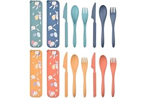 Jiayaus Set di 4 Posate da Viaggio con Custodia - Motivo A Coniglio, Portaposate Plastico Riutilizzabili, Posate Portatili per Viaggio, Picnic, Scuola (4 Colore)