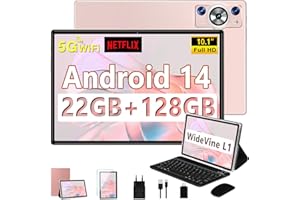 DEERTiME 2025 Newest Tablette Android 14,Tablette 10.1 Pouces 22Go RAM+128Go ROM(TF 1To),8 Cœurs 2.0GHz,5G WiFi, GMS,8000mAh/WideVine L1/FHD/BT5.0/GPS/Tablette 2 en 1 avec Clavier Souris-Or Rose