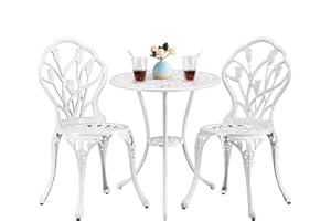 Yaheetech Set di Tavolo e Sedie da Giardino Set Mobili 2 Sedie 3 Pezzi Bistrò Veranda Balcone Motivo a Tulipano Lega di Alluminio Bianco