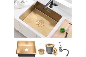 Stainless Steel Kitchen Sink, 50X45CM Small Sink, BoomHoze Undermount Single Bowl Outdoor Campervan with Silencer Pad, Drainer Fittings, Drop in Flushmount or Topmount Installation, Gold