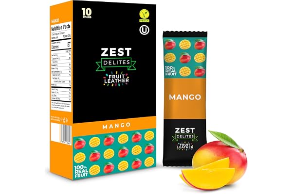 Zest Delites Fruktrulle-Upp Mango, Fruktläder Godis, Hälsosamt Mellanmål, 25g Förpackning med 10, Mango, Vegetariska Hälsosamma Lunchlådesnacks i Bulk, Fruktbarer