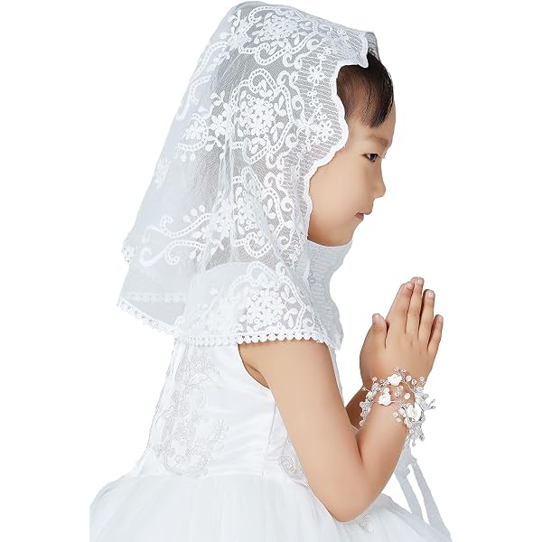 BEAUTELICATE Velo De Encaje Triangular Para Niñas – Mantilla Para Comunión O Iglesia, Color Marfil, Con Clips Para El Cabello