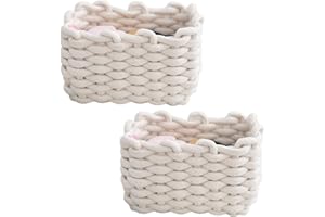 TSQZE 2er Set Aufbewahrungskorb Geflochten Baumwolle Strickkorb, Korb Aufbewahrung Klein Körbchen Wickeltisch Organizer, Dekorative Quadratische Speicher Regalkörbe Für Schminke Socken Spielzeug (Weiß)