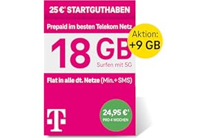 Deutsche Telekom MagentaMobil Prepaid XL SIM-Karte ohne Vertragsbindung,5G inkl.I18 GB & Allnet Flat (Min, SMS) in alle dt.Netze+EU-Roaming ISurfen mit 5G/LTE Max& Hotspot Flat I25 EUR Startguthaben
