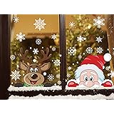 FINGOOO 74 pieces Peeping Santa and Rudolph- Christmas Window Cling Snowflake Decal Window Decoration, 6 Sheet (Peeping Santa