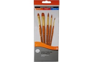 DALER ROWNEY Daler-Rowney Simply Gold Taklon Synthetic Hair Acrylic Brush Set with Short Handles, 5 Assorted Brushes, Ideal for Entry-Level Artists & Hobbyists