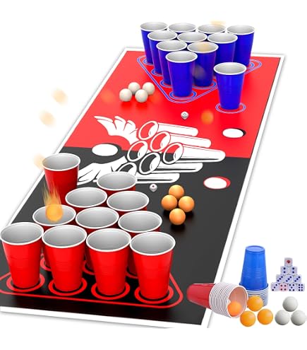 Faburo Set De Beer Pong De 180 X 61 Cm Con 22 Vasos Y 6 Pelotas – Alfombrilla Impermeable Para Mesa, Perfecto Para Fiestas