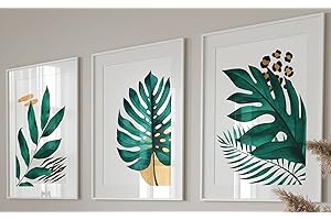 Eviepops Prints Arte de pared de estilo botánico, Set de 3 Láminas Sin Marco, Decoración De Plantas Tropicales, Decoración abstracta, Verde Oro, Estampado Tropical Verde, Planta Monstera (A3)