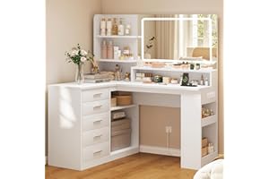 TEENFON Schminktisch, Schminktisch mit LED-Beleuchtung Spiegel, 5 Schubladen, 3 offene Ablage, 5 seitliche Ablageräume, Frisiertisch mit Steckdosen, Schlafzimmer, Weiß