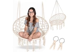 Campela Fotel Wiszący Boho Ecru – Huśtawka Bocianie Gniazdo z Frędzlami | Fotel Hamakowy do Salonu, Ogrodu, Balkonu | Styl Boho | Max 150 kg | Do Wnętrz i Na Zewnątrz