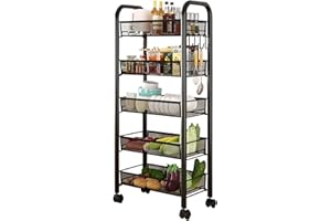 GLORLLIANT Carrito con Ruedas de 5 Niveles, 44 x 26 x 102 cm, Estante para Verduras, Carrito Estrecho de Almacenamiento Metálico con Ruedas y 4 Ganchos, Carrito para Frutas y Bebidas