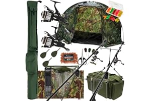 DNA LEISURE Complete Carp Fishing Setup With Camo Bivvy Rods Reels Alarms Tackle And Luggage