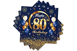 Blue Gold Happy 80th Birthday Napkins, Wentsent 40 Pcs 80th Happy Birthday Party Napkin Disposable, Birthday Serviettes Tissue Cocktail Napkins for Men Women He Her 40th Birthday Table Decorations