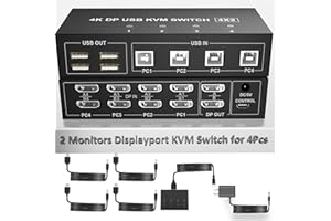YEEMIE PRO Displayport KVM Switch 4 Computer 2 Monitore, 4K@60Hz 4 Port KVM Switch Dual Monitor Displayport mit 4 USB Hub, Dual Monitor Displayport KVM 4PCs Share 1 Set von Tastatur, Maus und 2 Monitore