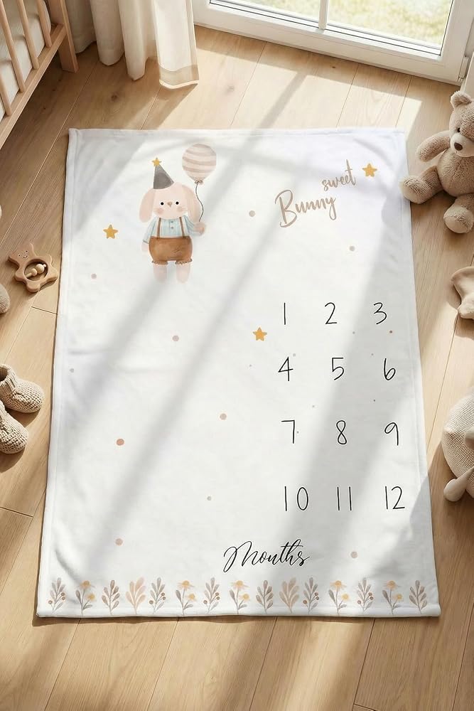 Kanz Bebek Anı Battaniyesi 100x150 cm Aylık Gelişim Fotoğraf Battaniyesi Bunny Sweet