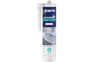 Bostik Mastic Silicone Etanchéité Sanitaire Joint Parfait – Traité Anti Moisissure – Facile à Lisser – Résiste aux Produits d'Entretien – Blanc – Cartouche de 280 ml
