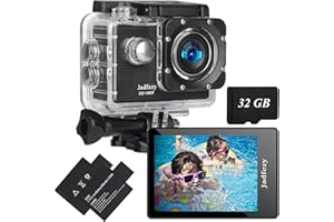 Jadfezy Action Cam 1080P con scheda da 32 GB, Macchina Fotografica Subacquea impermeabile 30M, Fotocamera Subacquea con Due 900mAh Batterie Ricaricabili e Kit Accessori