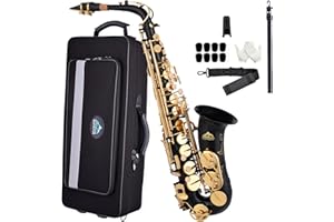 EASTROCK Saxophone Alto Plat en Laiton Laqué Doré, Mi Bémol, Noir, Étui Rigide Inclus