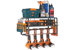 GOYOXOKY Power Tool Organizer Storage, 3 Layer Tool Rack for 4 Drill Holders, Heavy Duty Wall Mounted Holder with Side Screwdriver Rack