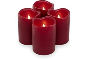 ‎TOCI ToCi 4 x LED Kerzen Dunkelrot Ø 5 x 7 cm – Flammenlose Echtwachskerzen mit flackerndem Licht & Timer - LED-Stumpenkerzen mit An-/Ausschalter - Batteriebetriebene Dekokerzen für Advent & Zuhause