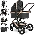 Lorelli Baby Stroller Boston 2 in 1, Pram for Newborn, Pushchair, Buggy, Foldable Travel System from Birth up to 4 years or 22kg, Reclining Backrest, Large Rubber Tires, Suspension, Footcover, Black