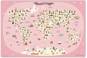 COVERYOURDESK WWW.COVER-YOUR-DESK.DE Sous-main effaçable pour enfants - Carte du monde rose avec animaux en français - 60 x 40 cm - En vinyle de qualité supérieure