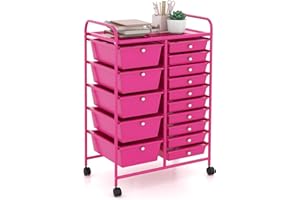 GIANTEX Carrello con 15 cassetti, impilabile, per cassetti, da cucina, bagno, ufficio, 63 x 37 x 87 cm (rosso rosa)