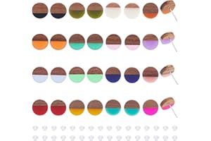 PandaHall 16 Pairs Wooden Resin Stud Earrings, 16 Style Flat Round Wooden Post Stud Earrings, Personalised Walnut Earrings with 316 Stainless Steel Pins for Women, Friends, Mom Gifts, Wood