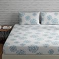 Huesland by Ahmedabad Cotton 144 TC Cotton Bed Sheet King Size Bed with 2 Pillow Covers | White (Blue Print) | 108x108 inches