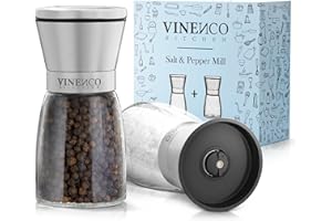 VINENCO Macina Pepe Sale e Spezie Professionale + Macinatrice di Ceramica qualità, Regolabile Grosso Fino | Set (2 Pezzi) Macinino Manuale - Macinapepe + Macinasale in Inox + Vetro, Saliera Pepiera Acciaio…