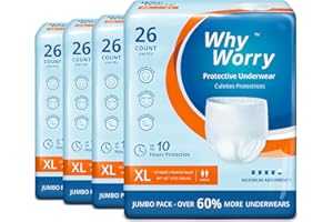 WhyWorry Culottes Incontinence pour Homme et Femme, Couche Culotte Adultes pour Fuites Urinaires, Slips Absorbants Jetables, Contrôle des Odeurs, Unisexe, Taille XL, 104 Unités (4 Lot de 26)